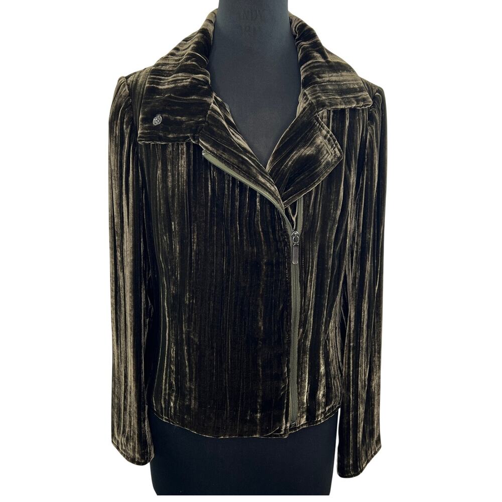 J. Peterman Brown Green Velvet Rayon/Silk Jacket Full Zip Snap Collar Women's 10